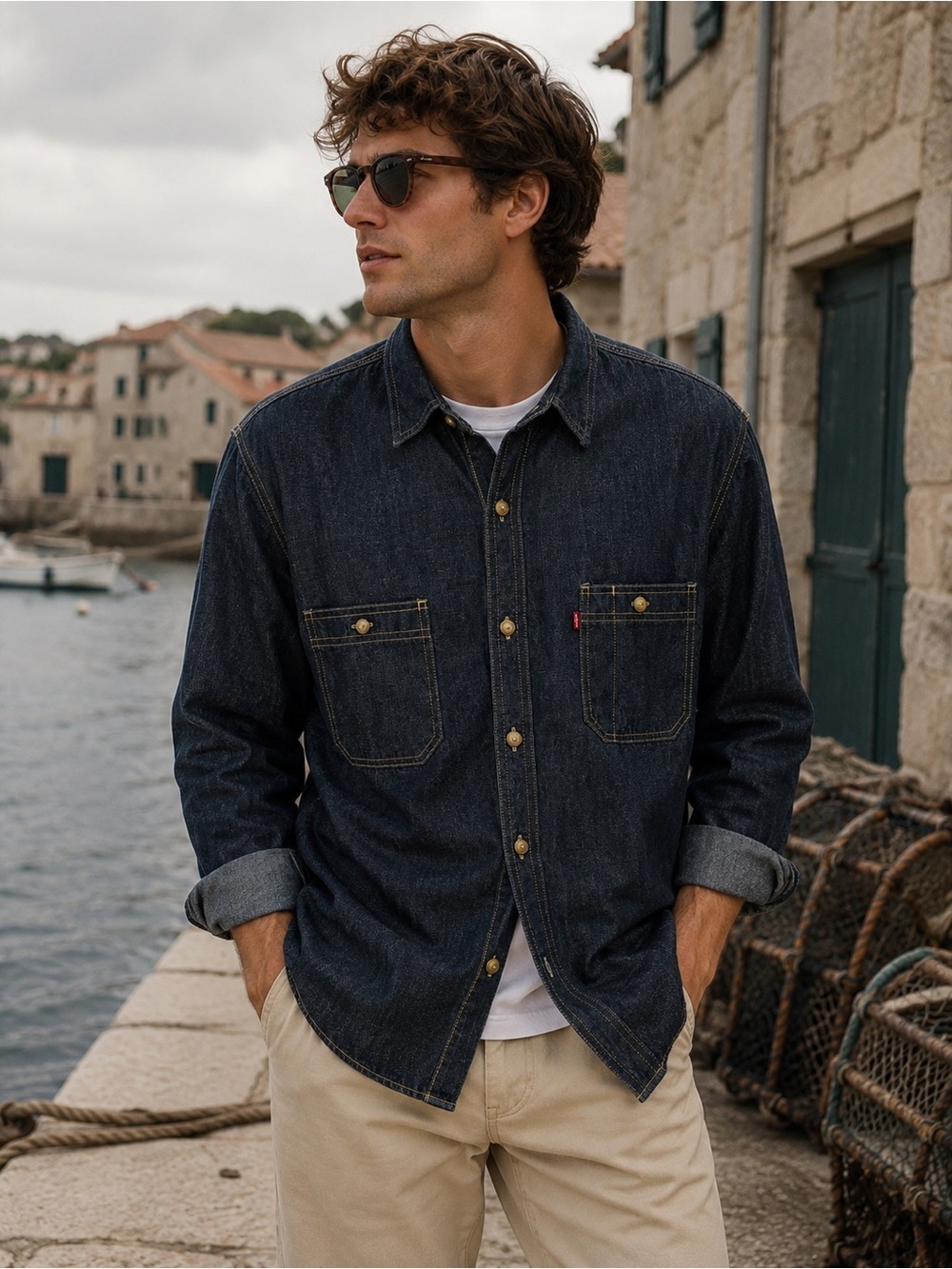Levi’s Dark Wash Denim Work Shirt Cotton Button Up Men Large Normcore Minimalist